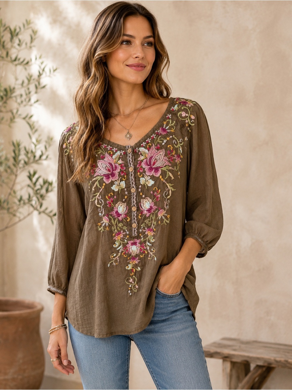 Johnny Was Embroidered Floral Top - Brown with Pink Accents Boho Music Festival